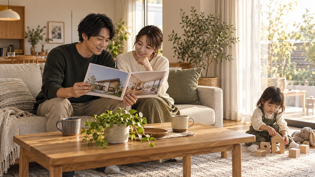 お子さまのそばでパンフレットを見ながら自分たちのペースで家づくりを考えるご家族のイメージ