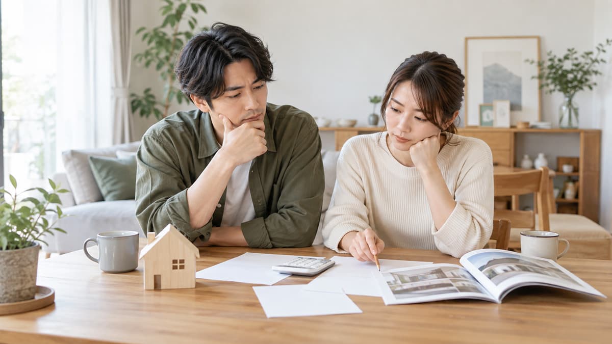 家づくりの費用について資料を見ながら考えるご夫婦