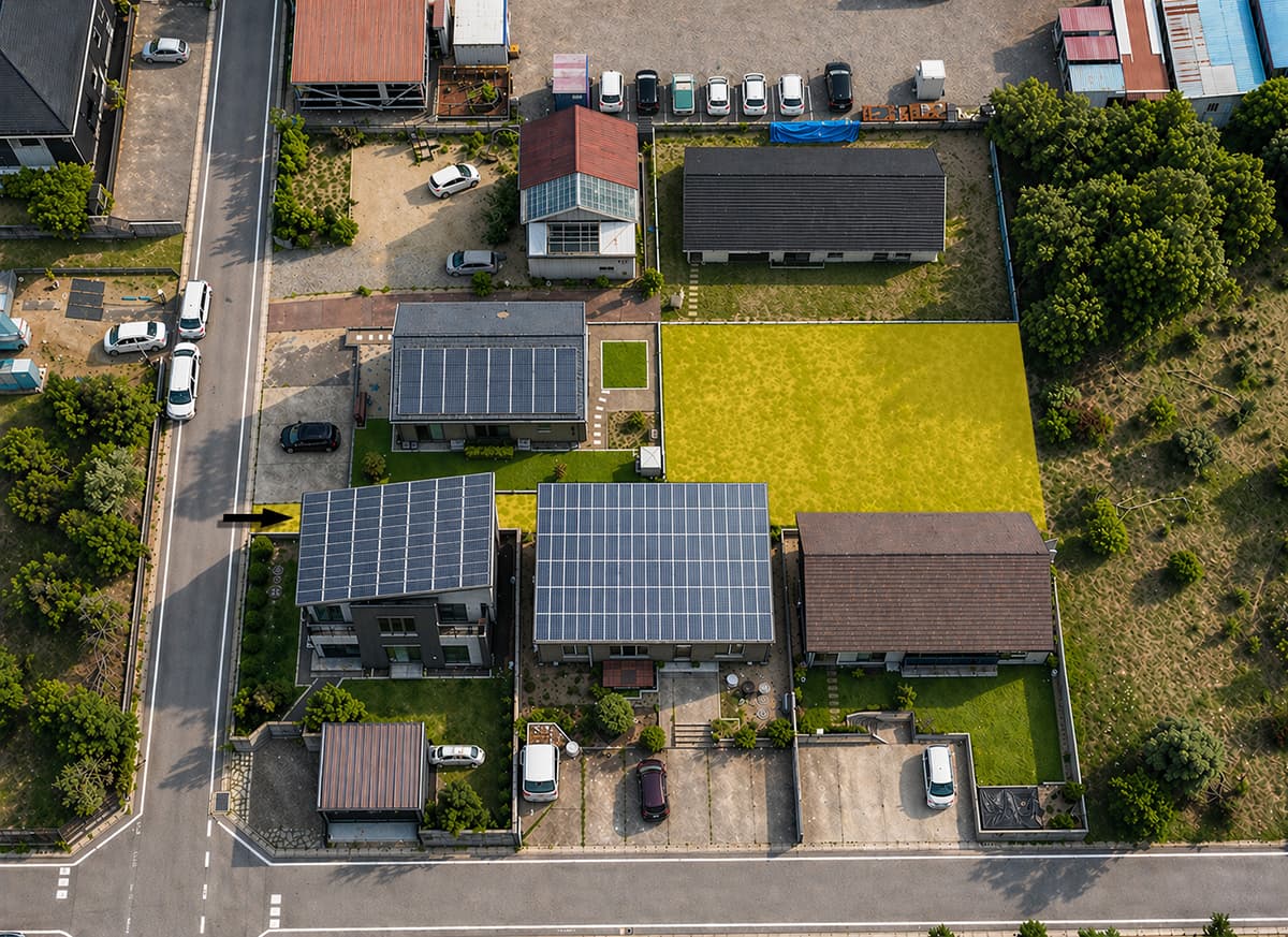 道路から奥まった旗竿地に中庭のある住まいを配置した説明用の仮鳥瞰図