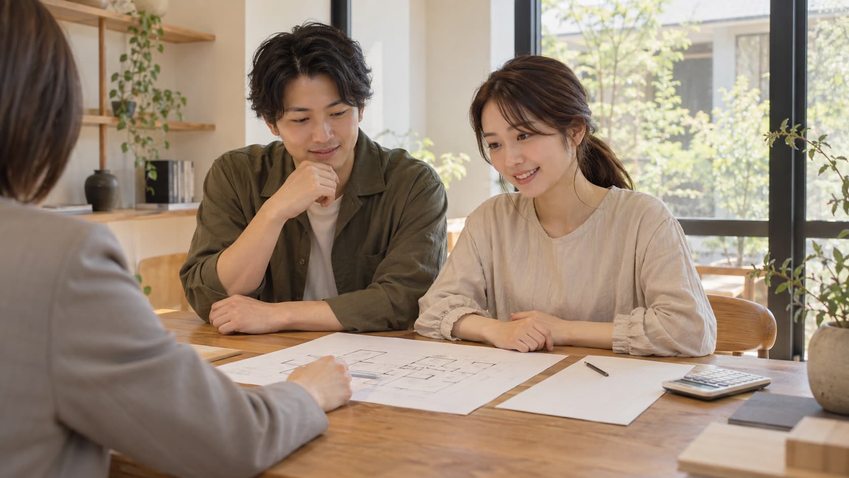 家づくりの予算について資料を見ながら相談するご夫婦