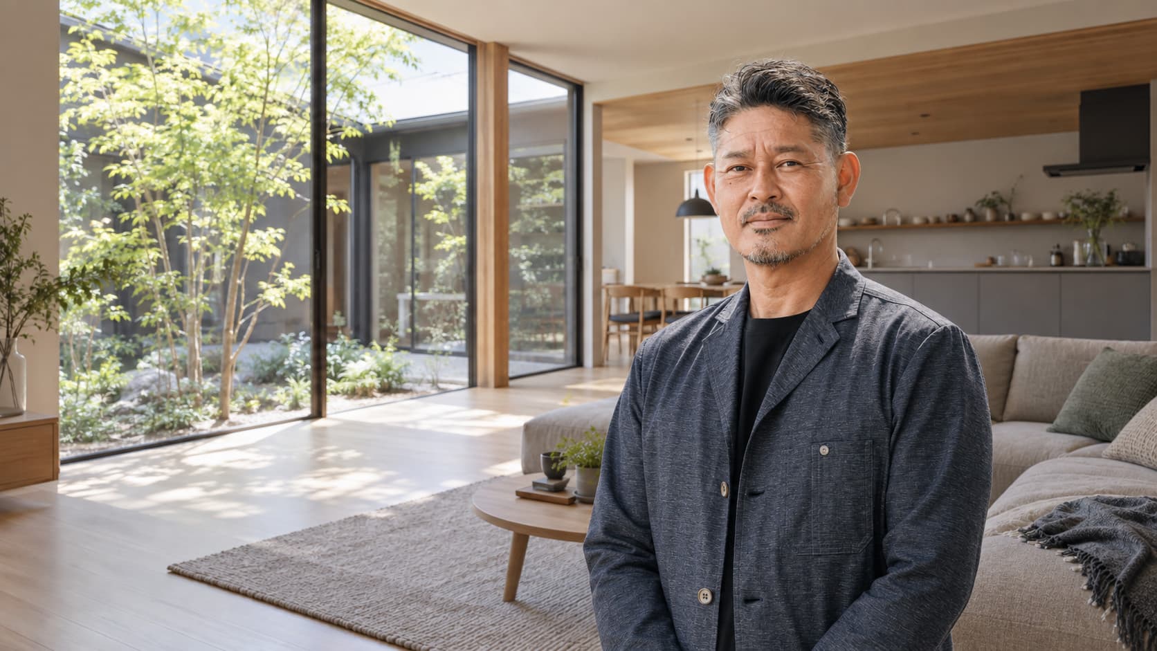 中庭のある平屋に立つBell’s Works代表・鈴木